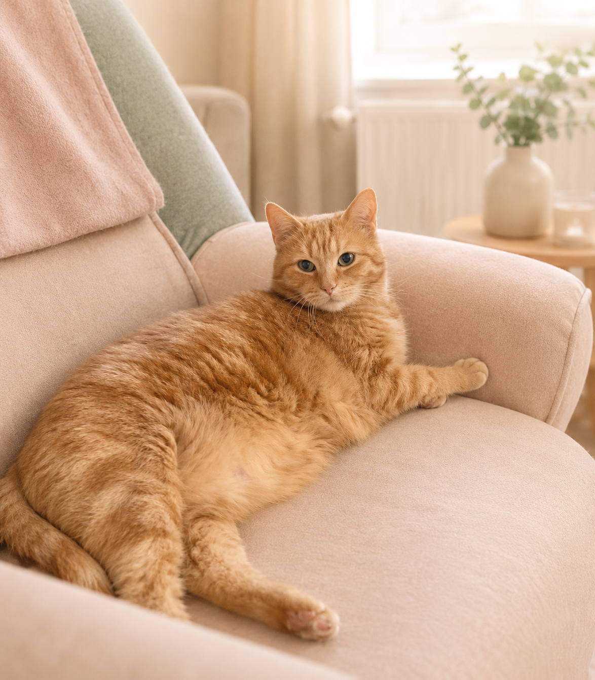 Orangefarbene Katze liegt entspannt auf einem hellen Sessel in einem warmen Wohnraum.